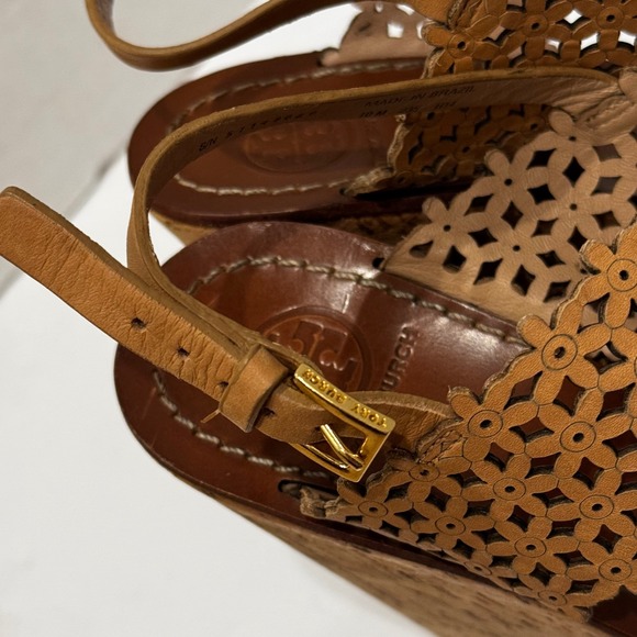 Tory Burch Daisy Cork Wedge Heel Sandals Laser Cut Leather Tan Women's Size 10 M - Picture 6 of 11